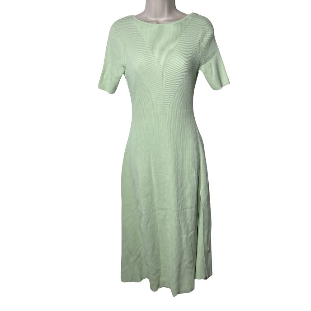 MAJE Ruched lace-up ribbed stretch-knitted Aline Short Sleeve midi dress sz 38 M - Picture 2 of 13